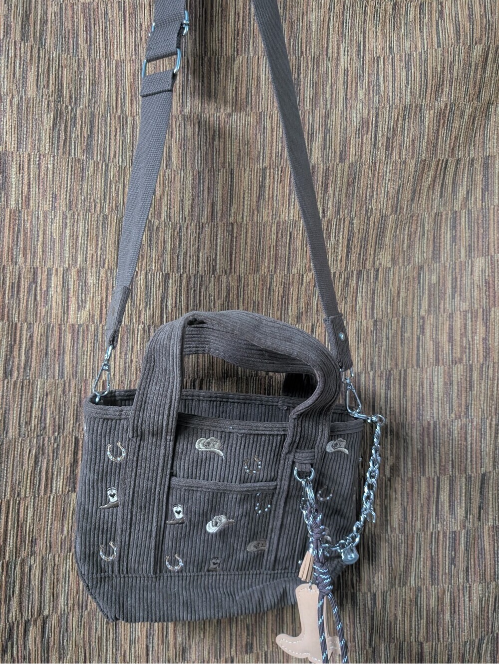 Madden Girl Brown Corduroy Embroidered Bag with Cowboy Boot Charm